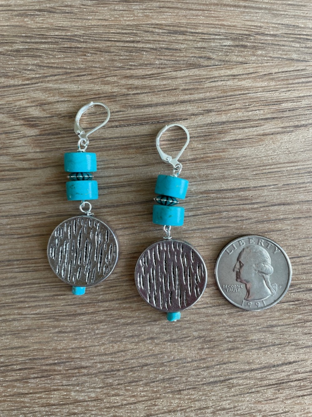 HAND CRAFTED TURQUOISE & SILVER COIN BEAD EARRINGS Southwestern Boho Dangles - Picture 8 of 12